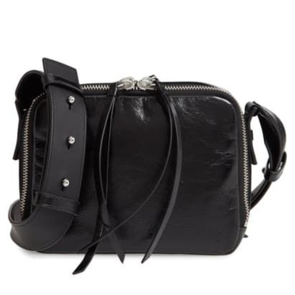 All Saints Vincent Shiny Leather Crossbody Tassel Zip Utility Bag Black